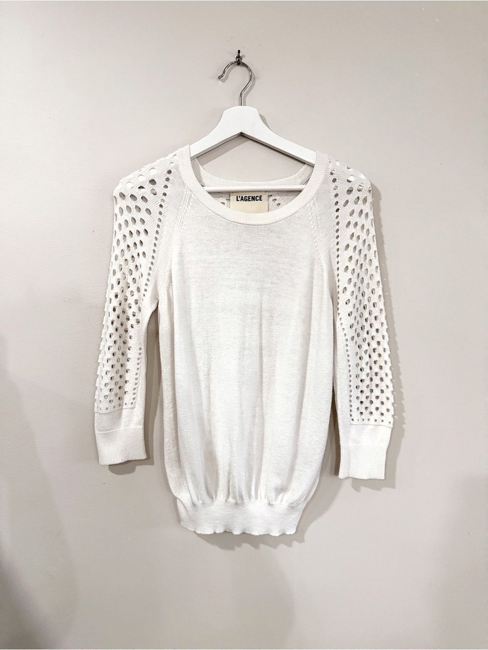 L'Agence NWT Women Size S Ivory Open Knit Sleeve Sweater Quiet Luxury Chic